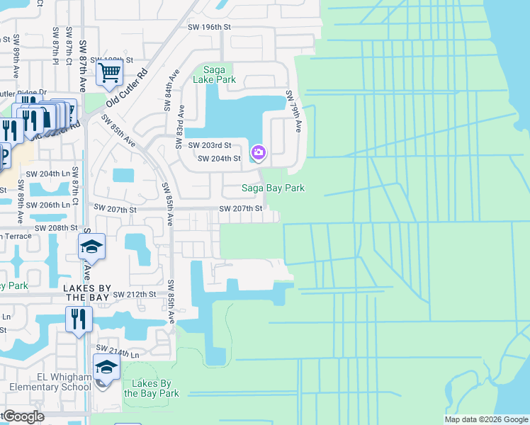 map of restaurants, bars, coffee shops, grocery stores, and more near 20700 Southwest 79th Place in Cutler Bay