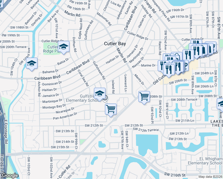 map of restaurants, bars, coffee shops, grocery stores, and more near 20630 Island Road in Cutler Bay