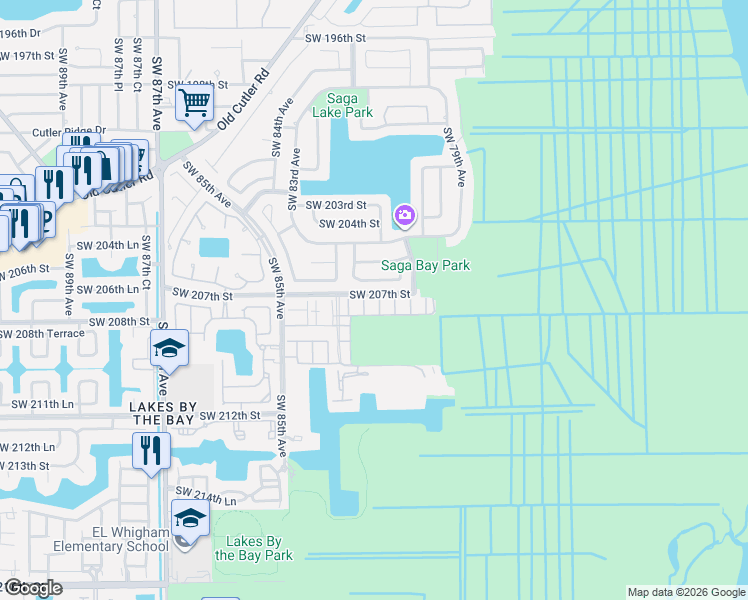 map of restaurants, bars, coffee shops, grocery stores, and more near 20709 Southwest 207th Street in Cutler Bay