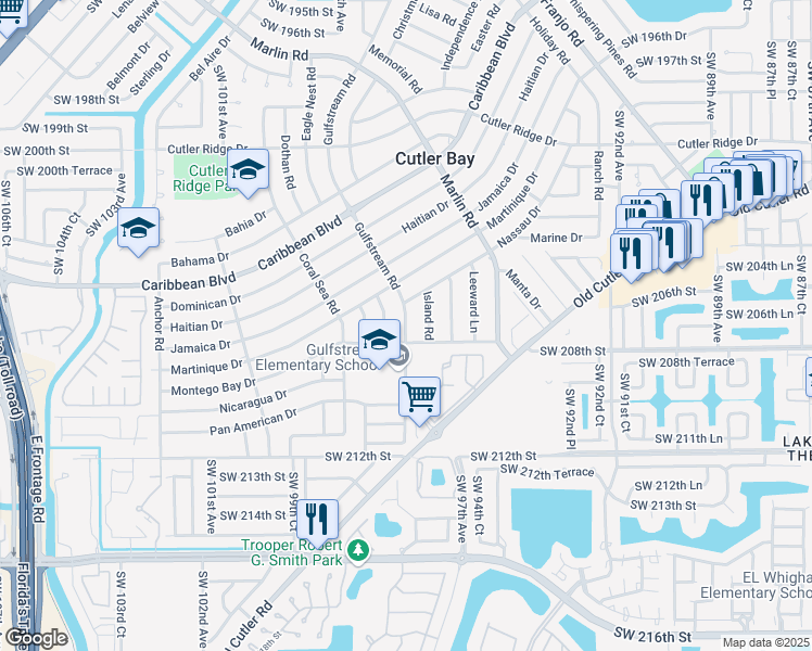 map of restaurants, bars, coffee shops, grocery stores, and more near 20630 Island Road in Cutler Bay