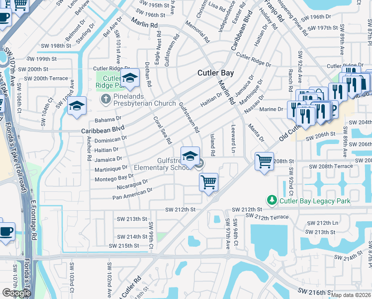 map of restaurants, bars, coffee shops, grocery stores, and more near 20620 Eagle Nest Road in Cutler Bay