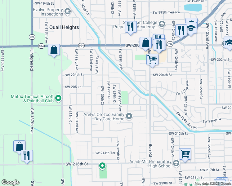 map of restaurants, bars, coffee shops, grocery stores, and more near 20783 Southwest 129th Court in Miami
