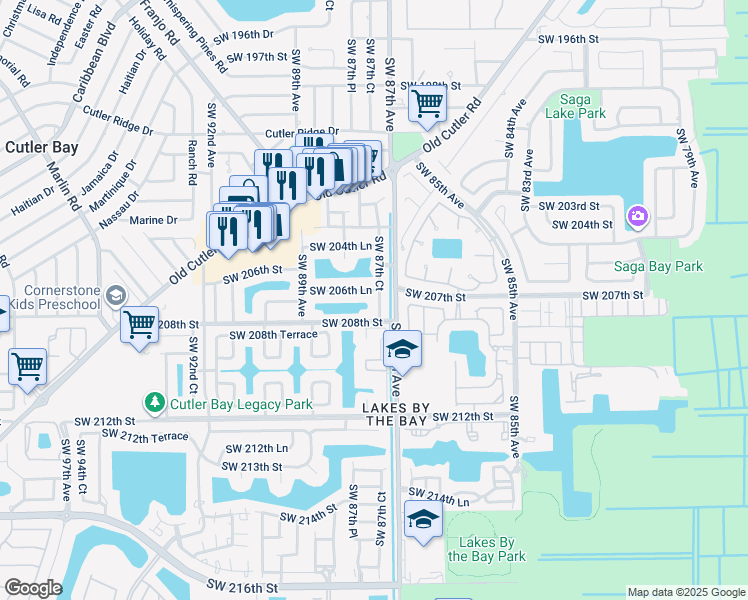 map of restaurants, bars, coffee shops, grocery stores, and more near 20672 Southwest 87th Court in Cutler Bay