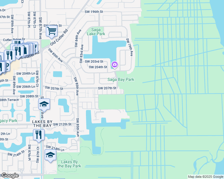 map of restaurants, bars, coffee shops, grocery stores, and more near 20709 Southwest 207th Street in Cutler Bay