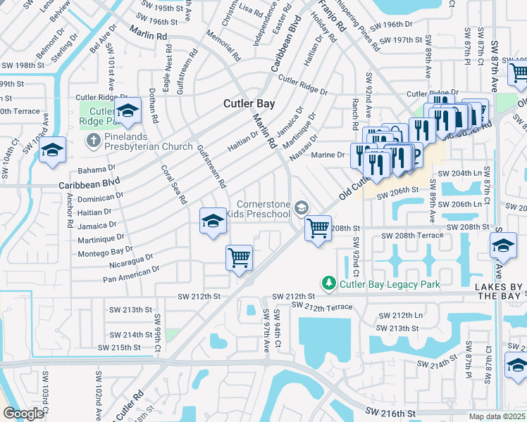 map of restaurants, bars, coffee shops, grocery stores, and more near 20635 Jacaranda Road in Cutler Bay