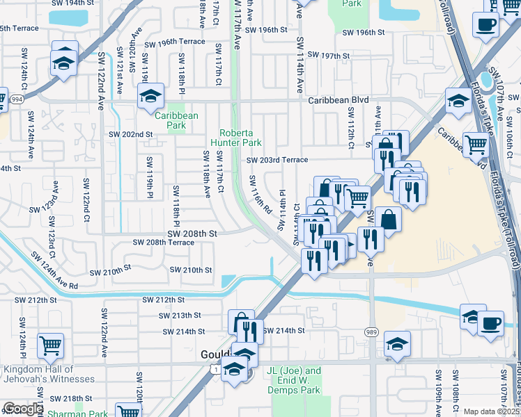 map of restaurants, bars, coffee shops, grocery stores, and more near 20620 Southwest 116th Road in Miami