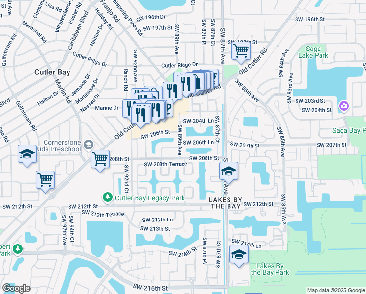 map of restaurants, bars, coffee shops, grocery stores, and more near 20665 Southwest 89th Avenue in Cutler Bay