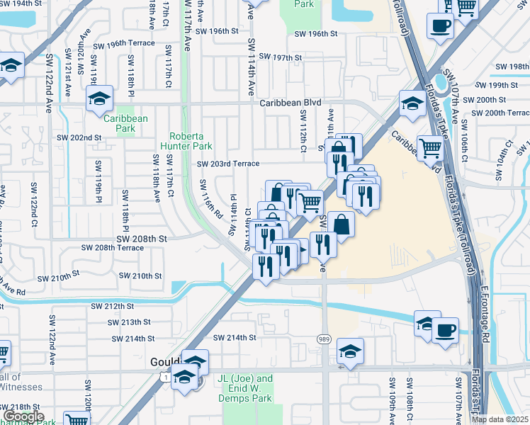 map of restaurants, bars, coffee shops, grocery stores, and more near 20621 Southwest 114th Avenue in Miami