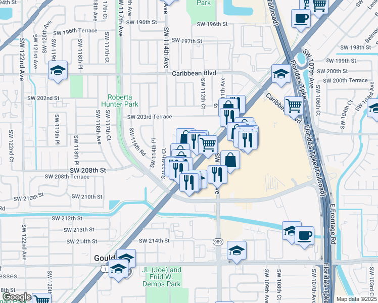 map of restaurants, bars, coffee shops, grocery stores, and more near 11300 Southwest 208th Drive in Miami