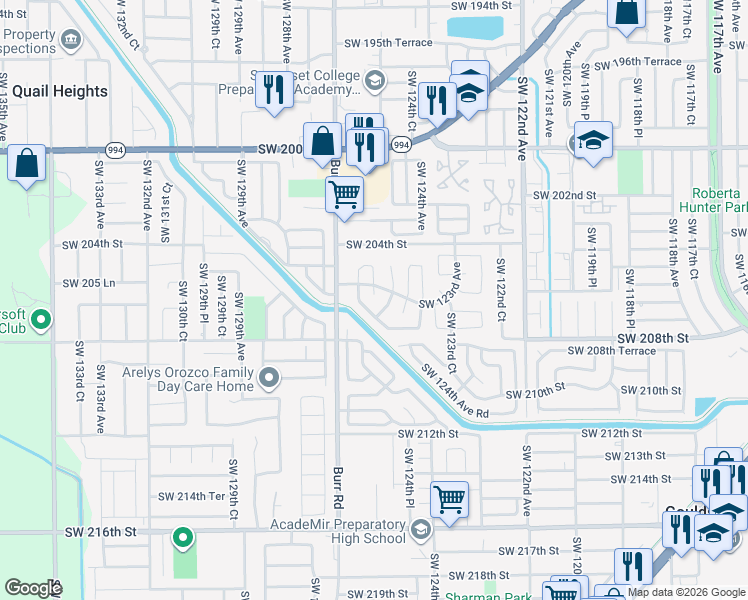 map of restaurants, bars, coffee shops, grocery stores, and more near 20650 Southwest 125th Court in Miami