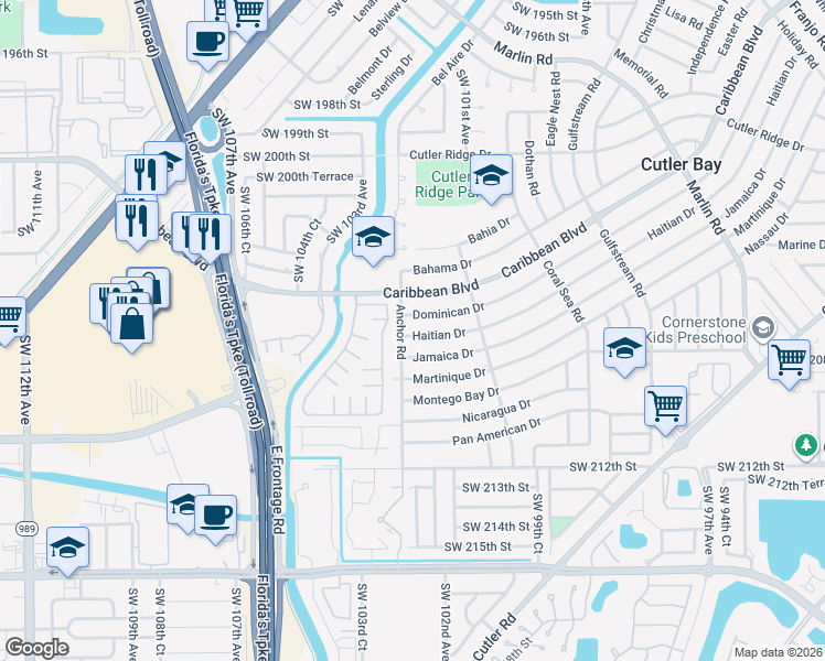 map of restaurants, bars, coffee shops, grocery stores, and more near 20630 Anchor Road in Cutler Bay