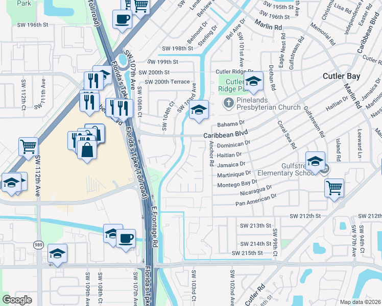map of restaurants, bars, coffee shops, grocery stores, and more near 10375 Southwest 207th Terrace in Cutler Bay