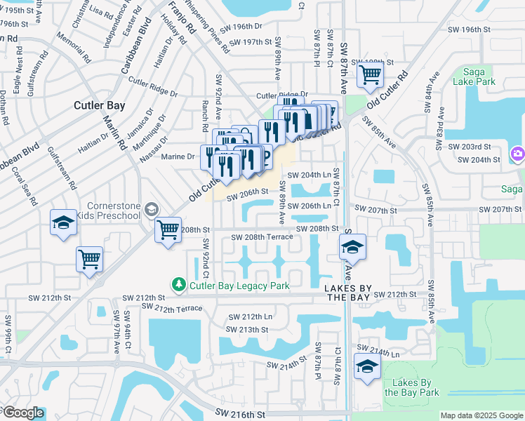map of restaurants, bars, coffee shops, grocery stores, and more near 8975 Southwest 207th Street in Cutler Bay