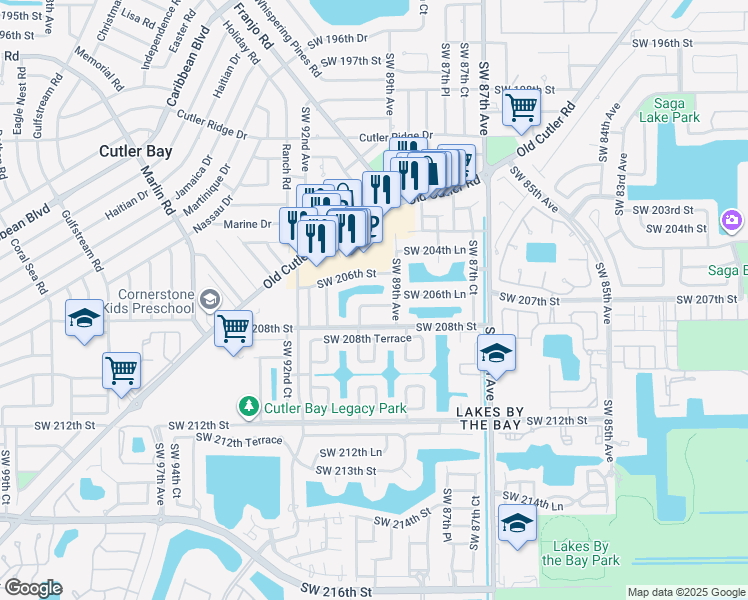 map of restaurants, bars, coffee shops, grocery stores, and more near 8975 Southwest 207th Street in Cutler Bay