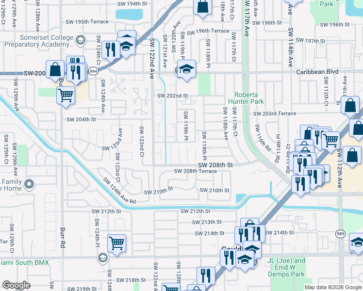 map of restaurants, bars, coffee shops, grocery stores, and more near 20605 Southwest 120th Court in Miami