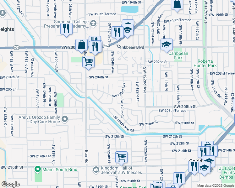 map of restaurants, bars, coffee shops, grocery stores, and more near 20590 Southwest 123rd Court in Miami