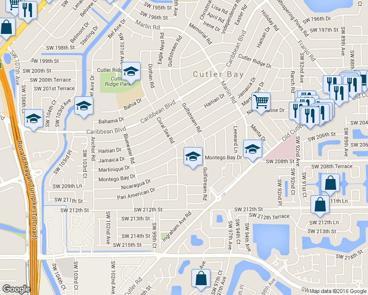 map of restaurants, bars, coffee shops, grocery stores, and more near 20610 Dothan Rd in Miami