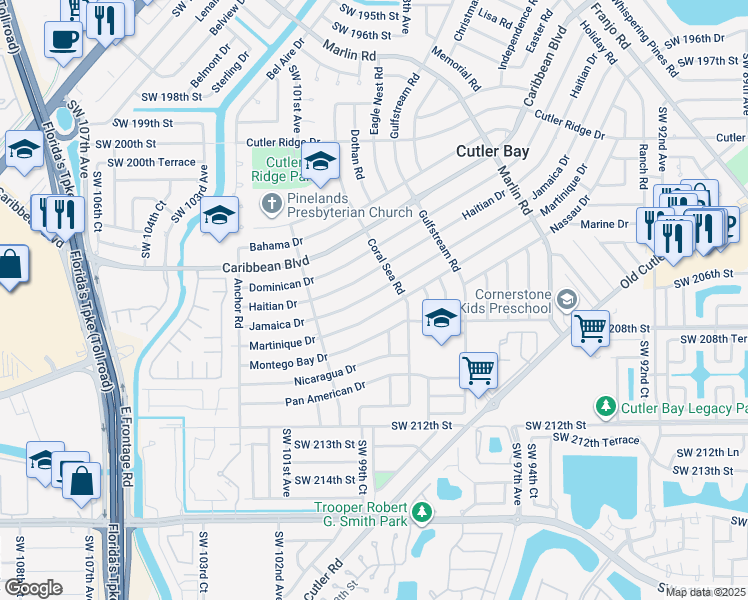 map of restaurants, bars, coffee shops, grocery stores, and more near 9880 Jamaica Drive in Cutler Bay
