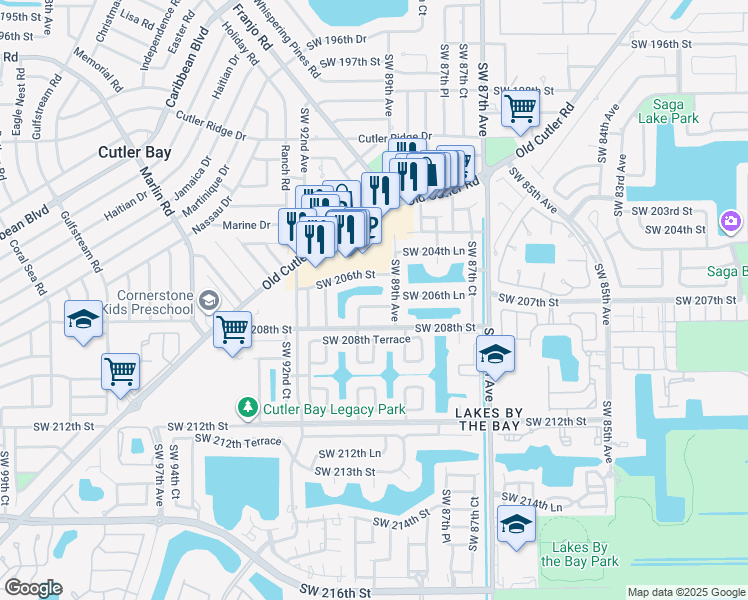 map of restaurants, bars, coffee shops, grocery stores, and more near 8975 Southwest 207th Street in Cutler Bay
