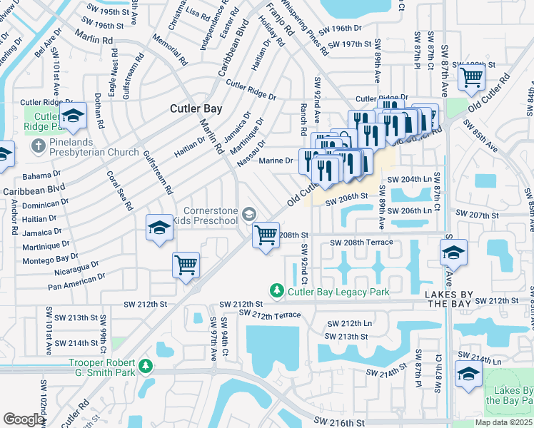 map of restaurants, bars, coffee shops, grocery stores, and more near 20630 Manta Drive in Cutler Bay