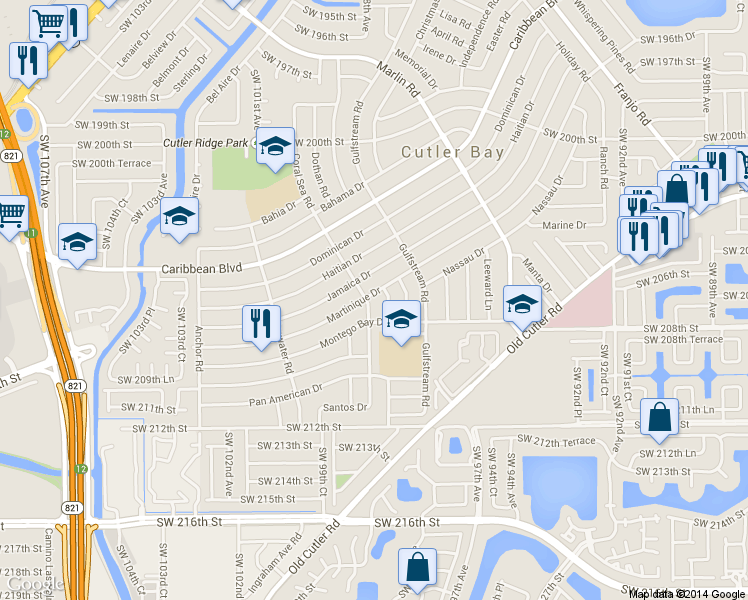 map of restaurants, bars, coffee shops, grocery stores, and more near 20615 Coral Sea Road in Cutler Bay