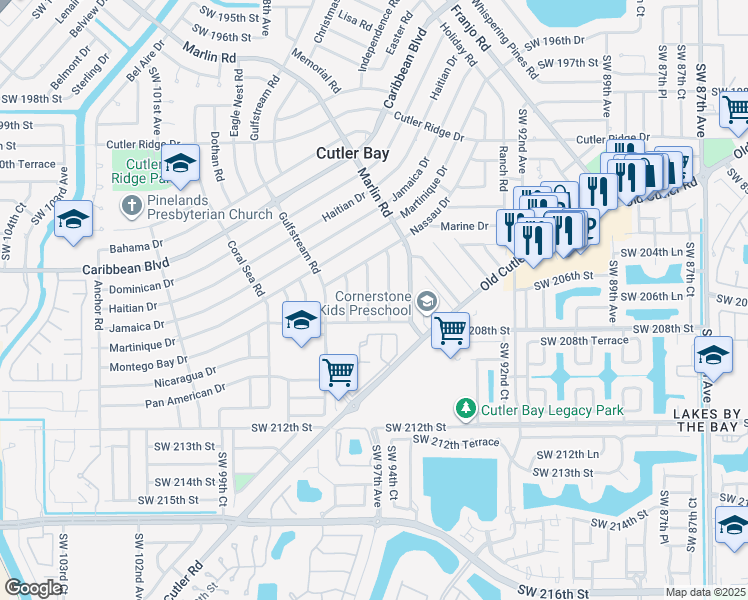 map of restaurants, bars, coffee shops, grocery stores, and more near 20635 Jacaranda Road in Cutler Bay