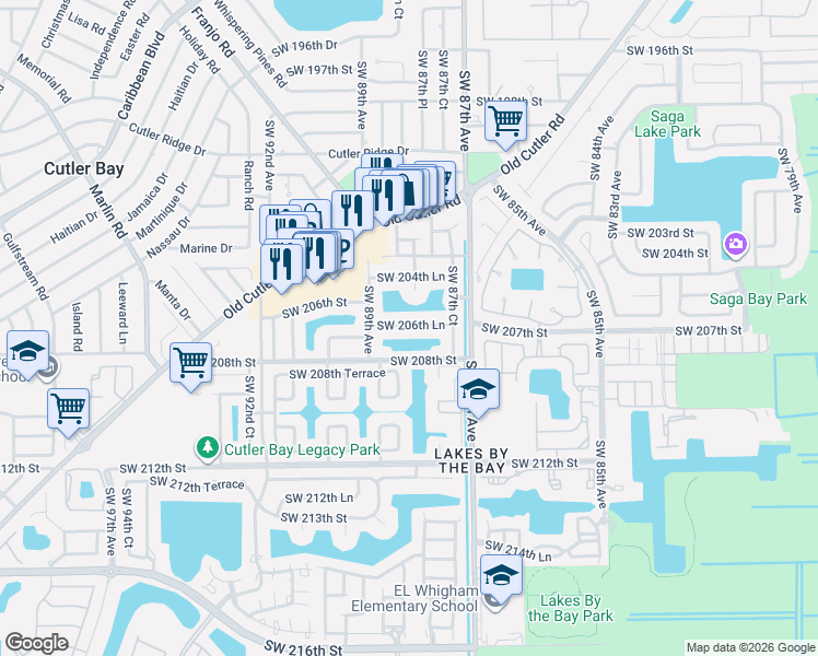 map of restaurants, bars, coffee shops, grocery stores, and more near 8814 Southwest 206th Lane in Cutler Bay