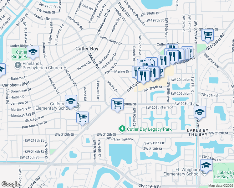 map of restaurants, bars, coffee shops, grocery stores, and more near 20630 Manta Drive in Cutler Bay