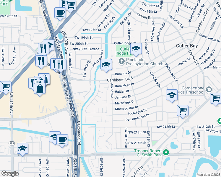 map of restaurants, bars, coffee shops, grocery stores, and more near 20630 Anchor Road in Cutler Bay