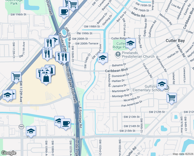 map of restaurants, bars, coffee shops, grocery stores, and more near 10375 Southwest 207th Terrace in Cutler Bay