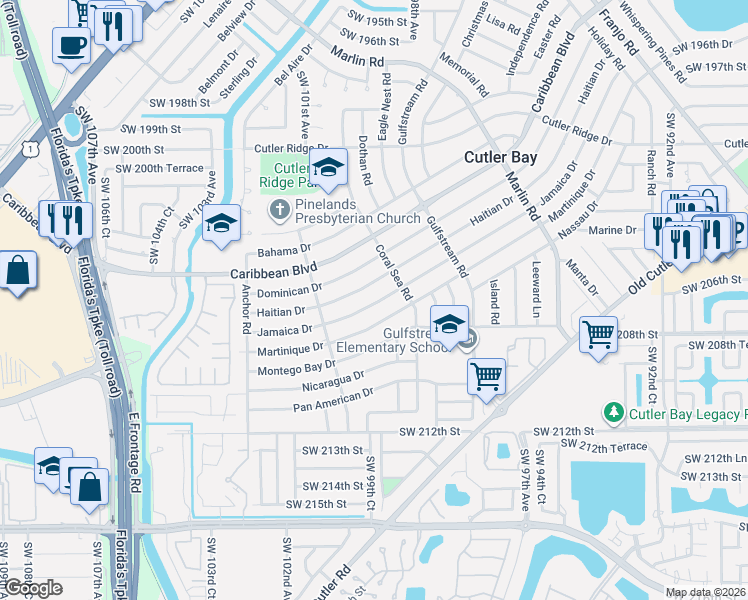 map of restaurants, bars, coffee shops, grocery stores, and more near 9880 Jamaica Drive in Cutler Bay