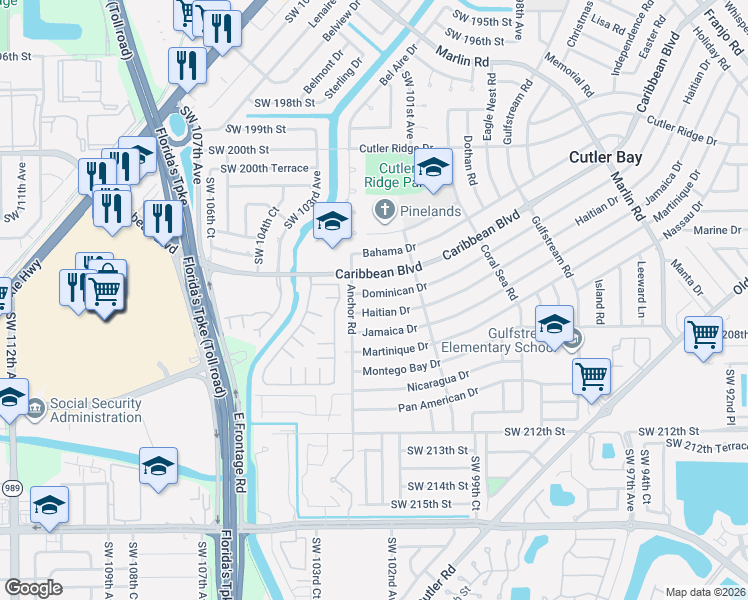 map of restaurants, bars, coffee shops, grocery stores, and more near 10211 Haitian Drive in Cutler Bay