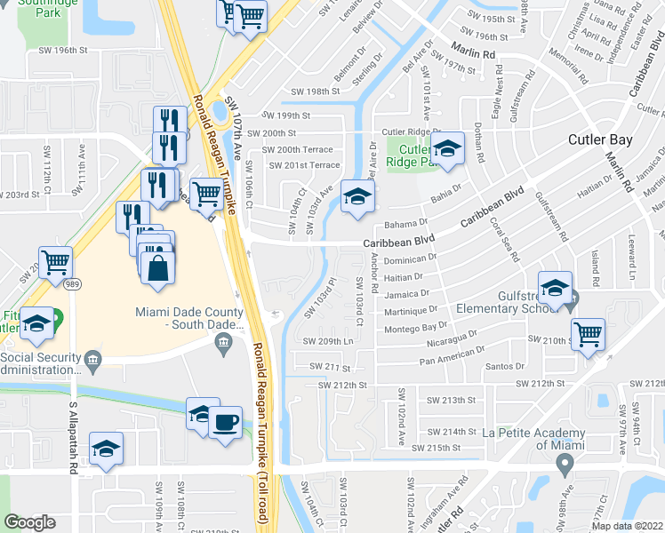 map of restaurants, bars, coffee shops, grocery stores, and more near 10375 Southwest 207th Terrace in Cutler Bay