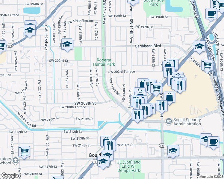 map of restaurants, bars, coffee shops, grocery stores, and more near 20620 Southwest 116th Road in Miami