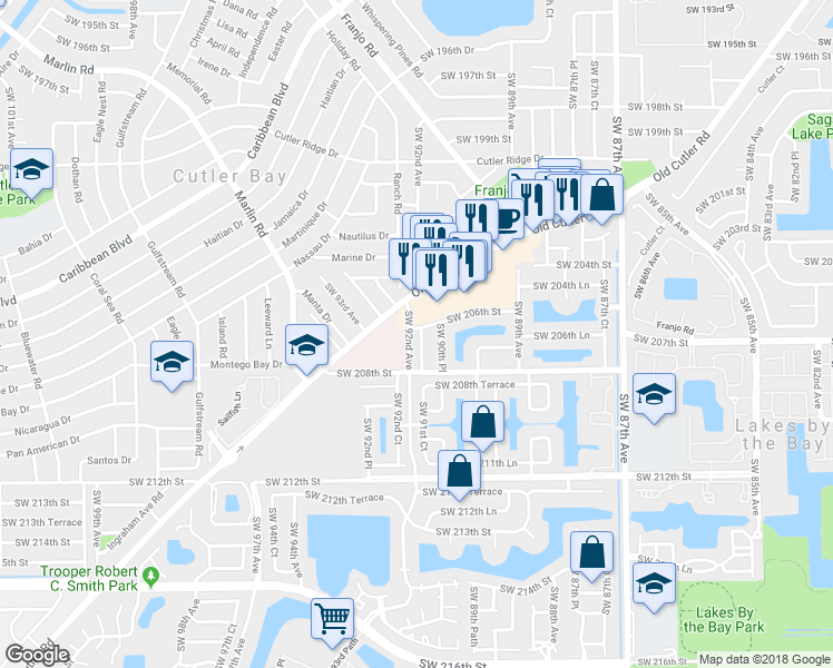 map of restaurants, bars, coffee shops, grocery stores, and more near 20628 Southwest 91st Court in Miami