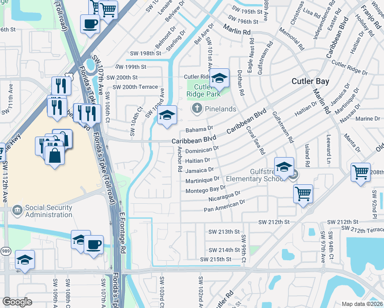 map of restaurants, bars, coffee shops, grocery stores, and more near 10211 Haitian Drive in Cutler Bay