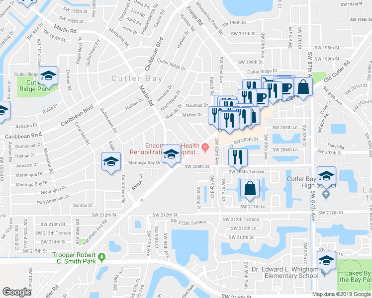 map of restaurants, bars, coffee shops, grocery stores, and more near 20630 Manta Drive in Cutler Bay