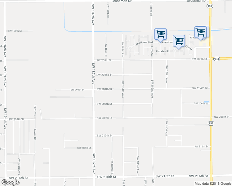 map of restaurants, bars, coffee shops, grocery stores, and more near 18420 Southwest 204th Street in Miami