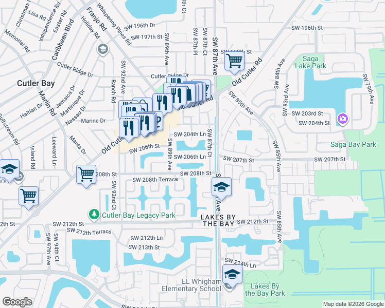 map of restaurants, bars, coffee shops, grocery stores, and more near 8814 Southwest 206th Lane in Cutler Bay