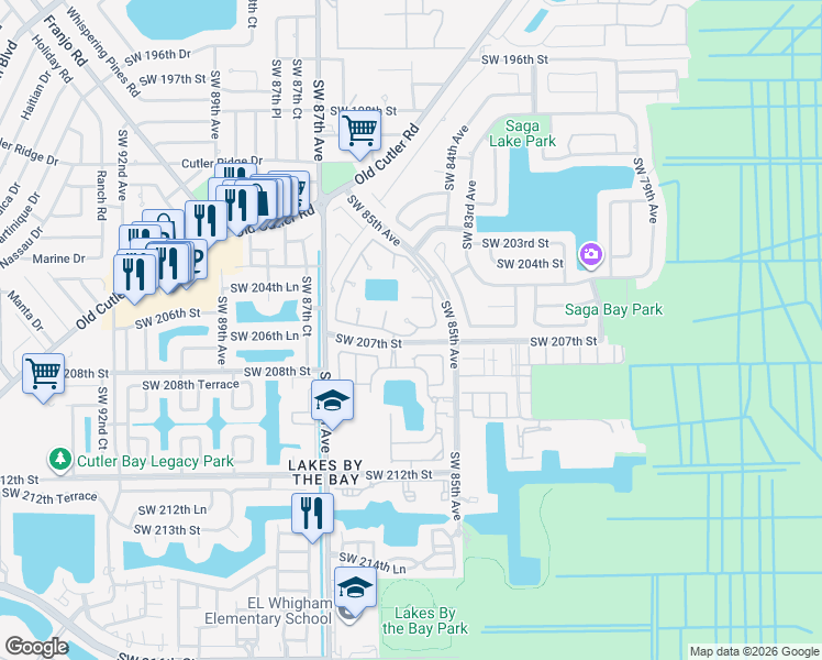 map of restaurants, bars, coffee shops, grocery stores, and more near 8551 Southwest 207th Terrace in Cutler Bay