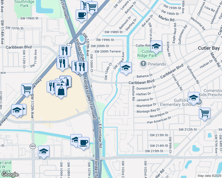 map of restaurants, bars, coffee shops, grocery stores, and more near 10301 Southwest 207th Street in Cutler Bay