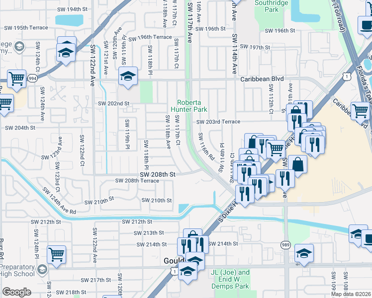 map of restaurants, bars, coffee shops, grocery stores, and more near 20600 Southwest 117th Avenue in Miami