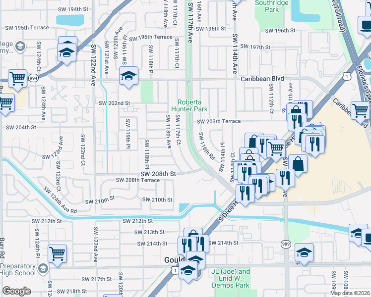 map of restaurants, bars, coffee shops, grocery stores, and more near 20600 Southwest 117th Avenue in Miami