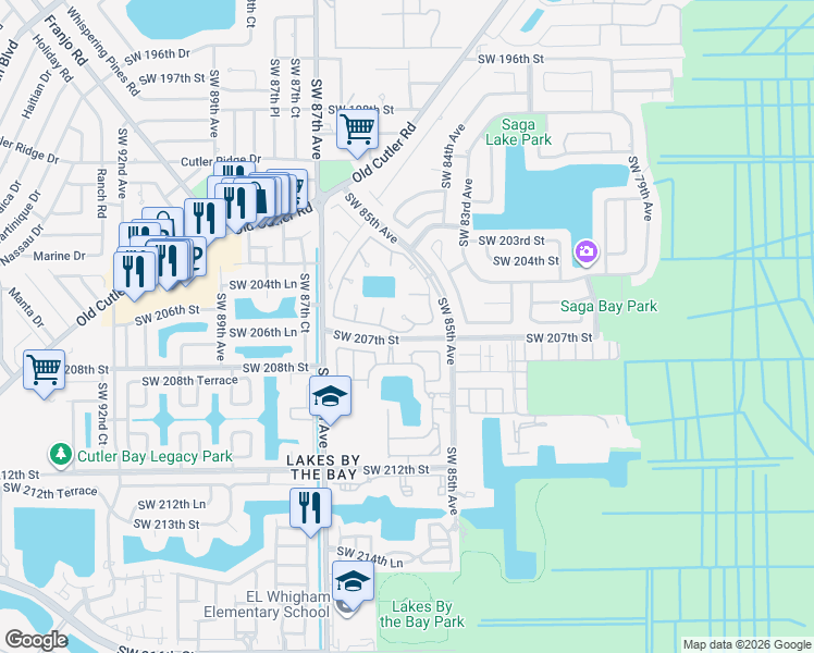 map of restaurants, bars, coffee shops, grocery stores, and more near 8551 Southwest 207th Terrace in Cutler Bay