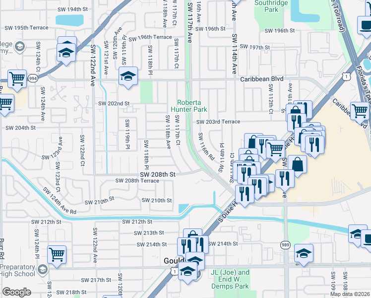 map of restaurants, bars, coffee shops, grocery stores, and more near 20600 Southwest 117th Avenue in Miami