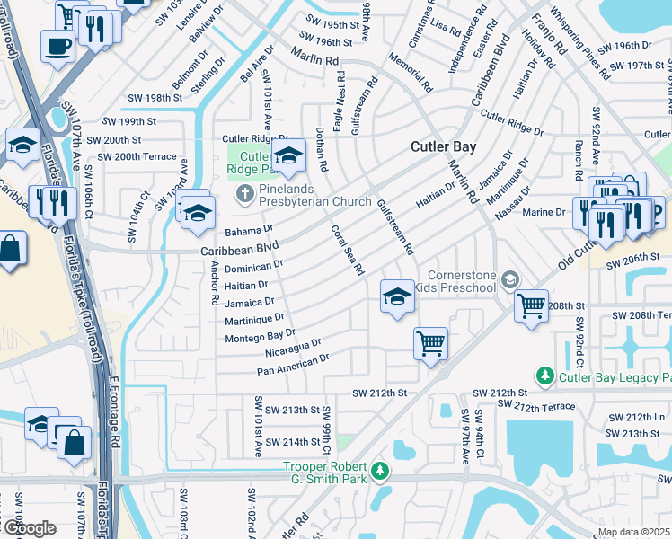 map of restaurants, bars, coffee shops, grocery stores, and more near 9881 Jamaica Drive in Cutler Bay