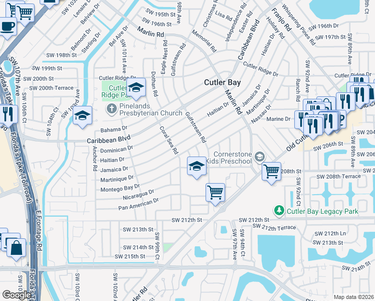 map of restaurants, bars, coffee shops, grocery stores, and more near 20615 Coral Sea Road in Cutler Bay