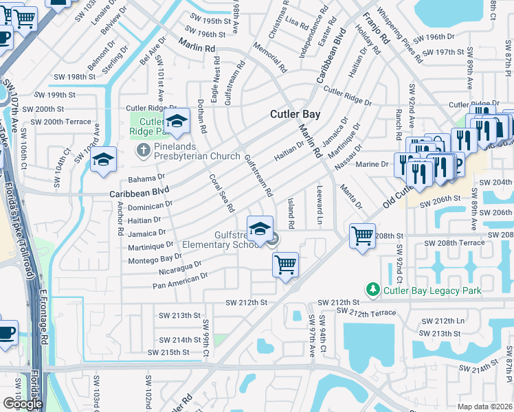 map of restaurants, bars, coffee shops, grocery stores, and more near 20620 Eagle Nest Road in Cutler Bay