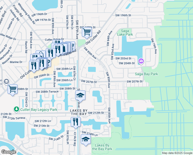 map of restaurants, bars, coffee shops, grocery stores, and more near 8551 Southwest 207th Terrace in Cutler Bay