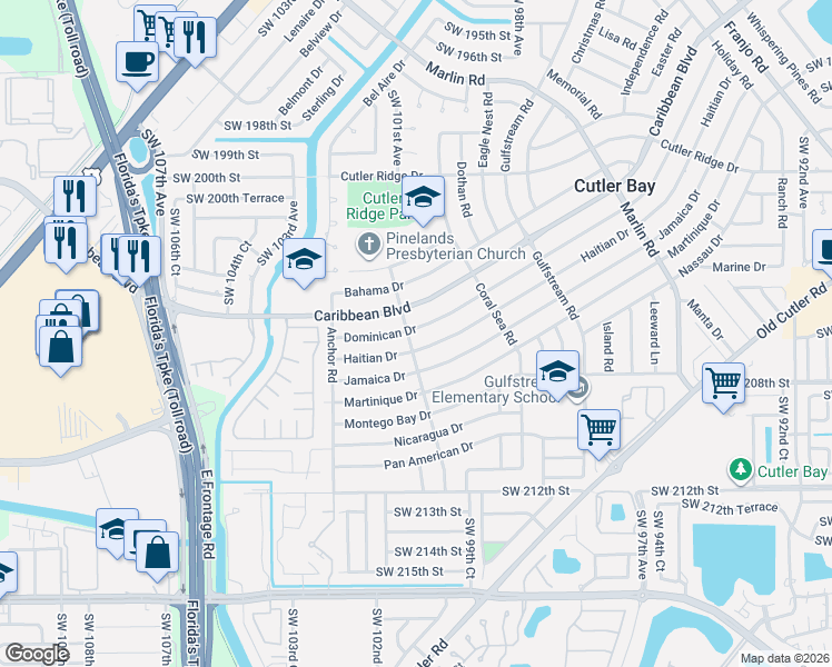 map of restaurants, bars, coffee shops, grocery stores, and more near 10030 Haitian Drive in Cutler Bay